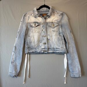 Pol Womens Distressed Cropped Denim Jacket Size Medium Grunge Festival 90s Retro